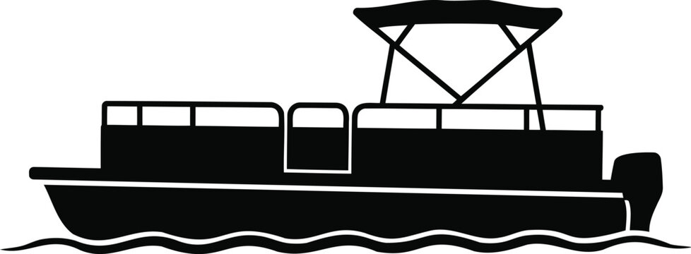 Black silhouette of a pontoon boat with a canopy floating on water on a white background, recreational leisure watercraft for lakes