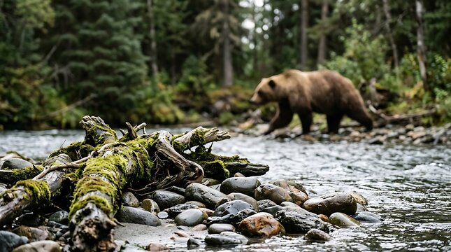 Large brown bear walking in a wild forest river