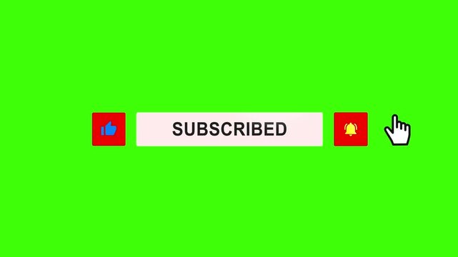 A flat 2D horizontal layout featuring a blue thumbs-up, black text banner, and ringing yellow bell on a green screen background for chroma key for video editing. YouTube Subscribed Banner Overlay.
