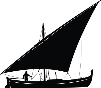 Black silhouette of a traditional dhow or sailboat with a single triangular sail and a sailor, isolated on a white background