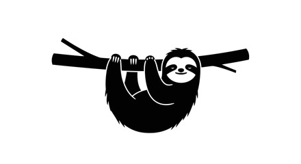 Black silhouette vector illustration of a cute sloth hanging from a tree branch. © Hafiz