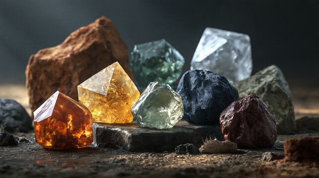 A collection of raw gemstones and crystals in various colors and shapes resting on a dark textured stone surface