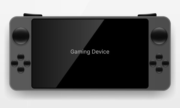 Portable handheld gaming console device mockup with screen and controller buttons