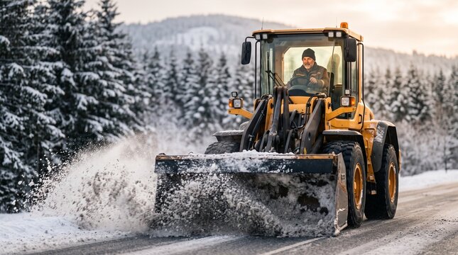 snowplow clearing road, Snow plow clearing road in winter forest with driver operating vehicle  