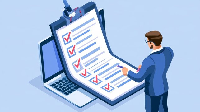 Business performance checklist concept, Businessman using laptop take an assessment,An businessman checklist online survey filling form list options business employee security procedures.