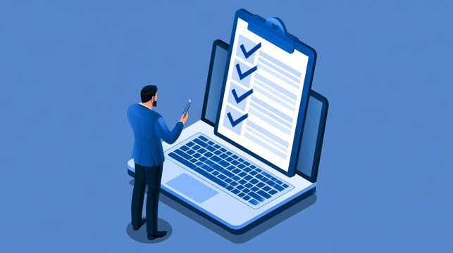 Business performance checklist concept, Businessman using laptop take an assessment,An businessman checklist online survey filling form list options business employee security procedures.