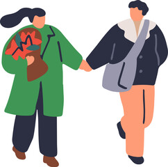 Fototapeta premium Christmas people walking in winter. Love couple walking outdoor, holding hands. Romantic people, family going on street, carrying Christmas gift, Xmas present. Vector illustration isolated on white