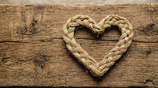 Braided Rope Heart on Rustic Wooden Background Love Symbol