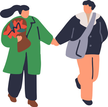 Christmas people walking in winter. Love couple walking outdoor, holding hands. Romantic people, family going on street, carrying Christmas gift, Xmas present. Vector illustration isolated on white