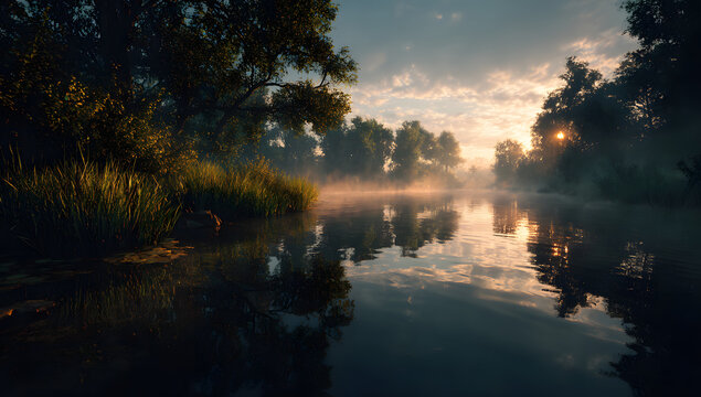Dawn over a river with misty water vapor and picturesque mirror images