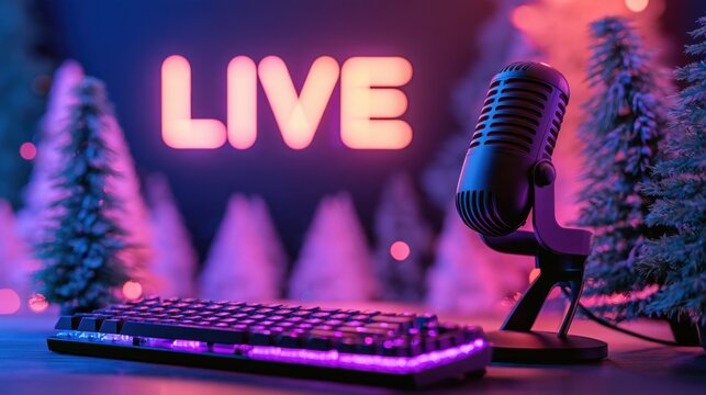 Desk setup with glowing mechanical keyboard and professional broadcast microphone under neon live sign amid festive winter decor