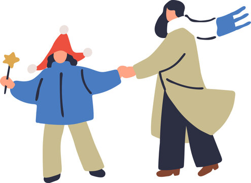 People walk in winter. Family walking at Christmas. Vector people, woman and kid characters on street. Winter vacation, holiday. Tiny mother and daughter, family outdoor. Happy Christmas lifestyle