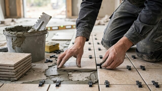 Skilled Worker Installing Ceramic Tiles with Precise Alignment and Effective Tools on Construction Site