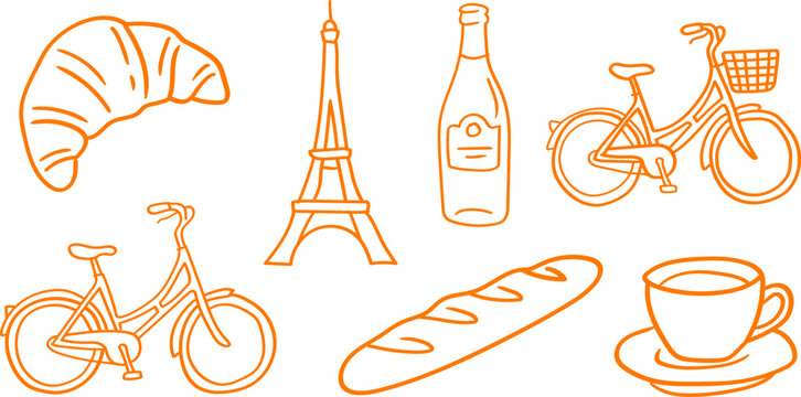 Hand drawn paris travel icons with croissant and bicycle