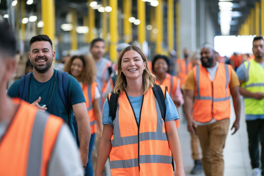 Diverse group of warehouse workers walking together during a shift change in a large facility