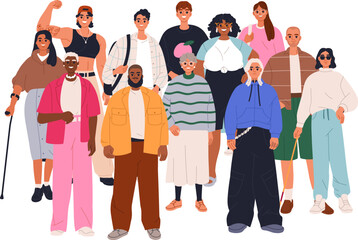 Obraz na płótnie Canvas Diverse people group, vector characters crowd, community. Diverse society standing together, different people, group portrait. Young and old characters, different men and women. Vector illustration