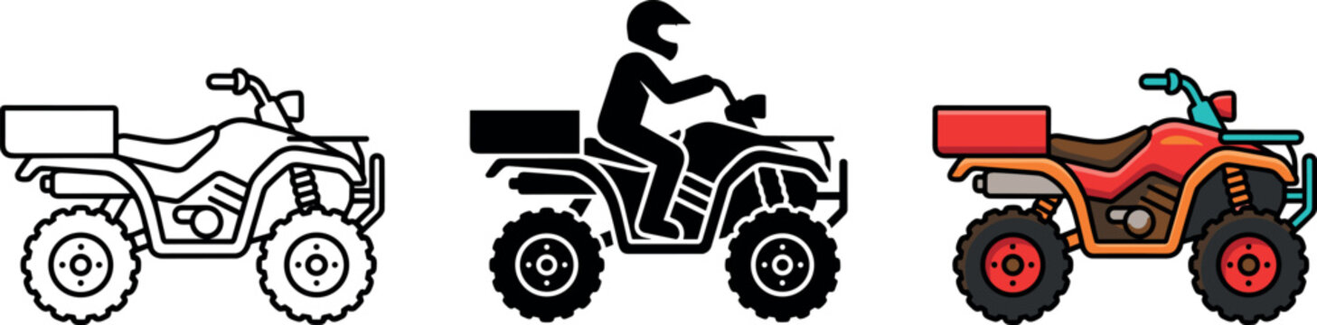 All terrain quad bike ATV icon set representing offroad motorsport vehicle dirt racing extreme adventure transport and outdoor recreation concept