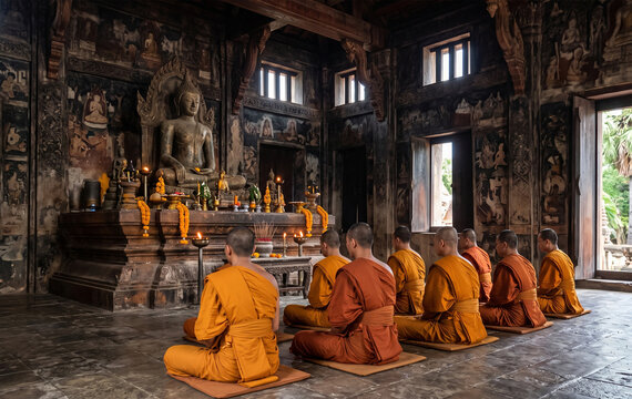 Buddhist Monks in Orange Robes Sitting in Meditation Facing Buddha Statue Altar Inside Ancient Temple