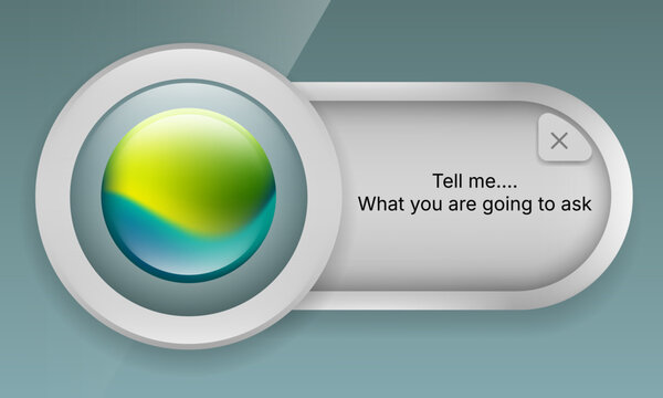 Simple capsule AI voice assistant widget UI mockup with glossy orb logo and prompt message