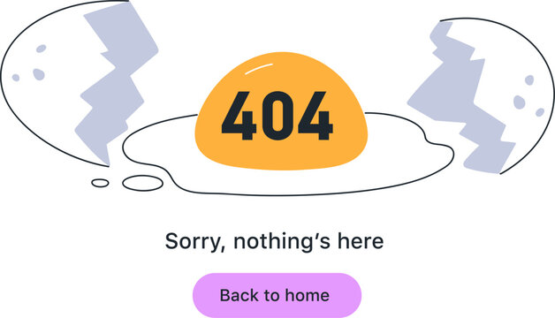 404 error page, technical web page with nothing found. Unavailable website page with 404 error, search mistake, nothing found. Egg break, disconnection on site. Creative funny flat vector illustration