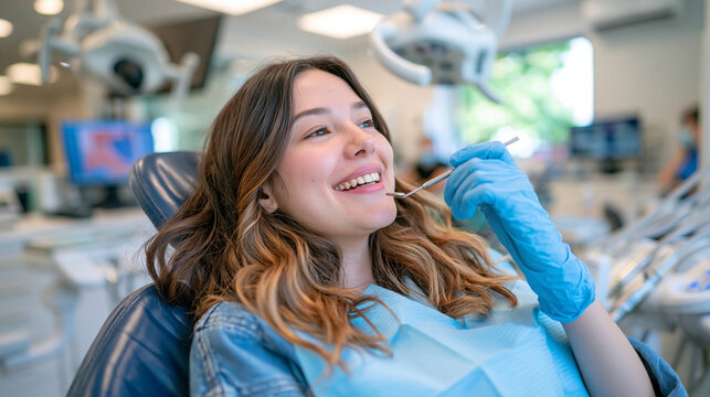 Woman reacting with surprise while inspecting her teeth using a dental mirror during a dental checkup, modern professional dentist office, examination lamp and dental instruments visible, clean ster