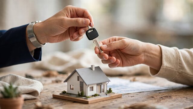 Handing Over House Keys to New Homeowner with Miniature Model House on Wooden Table