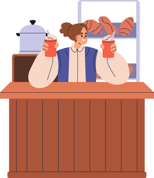 Street stall with bakery and hot drink. Street shop stand with happy seller, vendor with coffee, bakery. Outdoor cafe, wood counter with drinks. Flat vector illustration isolated on white background