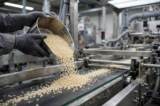 Industrial process of pouring small pellets onto a conveyor belt in a manufacturing facility with automated machinery