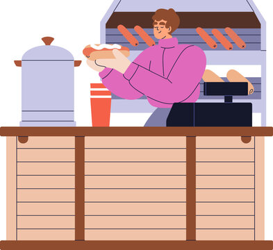 Hotdog stall, street food stand. Hot dog stand, store, market kiosk with food vendor, seller outdoors. Hotdog shop, street store, wood counter, booth. Flat vector illustration isolated on white