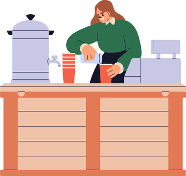 Street stall, drinks shop. Seller with hot drinks at counter, wooden stand, stall at winter market. Street vendor at outdoor shop with coffee and mulled wine. Vector illustration isolated on white
