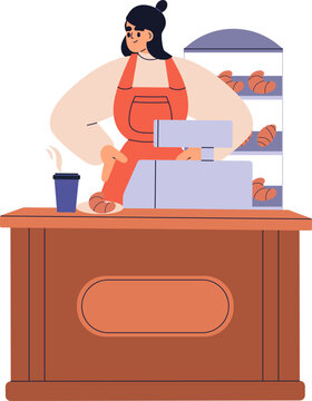 Bakery stall, street shop with hot drinks and croissants. Food vendor, market seller at wooden counter stand. Street cafe with bakery and drinks. Flat vector illustration isolated on white background