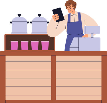 Street stall, shop with drinks. Seller at market stand with hot drinks. Street cafe, coffee store, vendor at wood counter, outdoor stall. Flat vector illustration isolated on white background