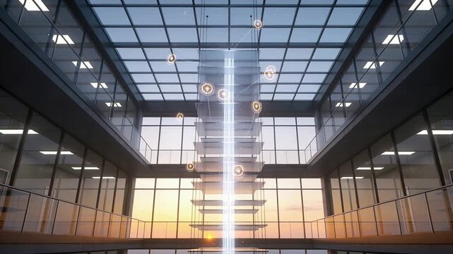 Low sun sparking central light column pulsing, forming stacked platforms in atrium, powering system