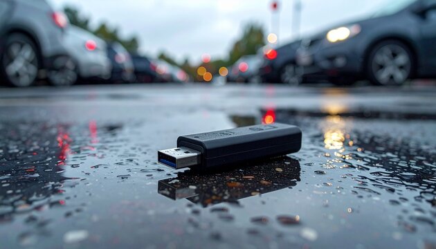 Lost USB flash drive lying on wet asphalt in a car park