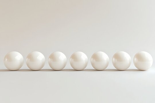 A row of seven identical glossy white spheres arranged on a plain surface