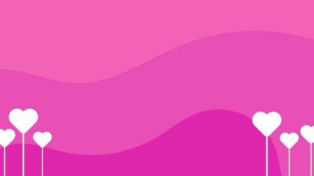 Charming animated background featuring layers of wavy pink shapes with white heart-shaped balloons floating upwards from the bottom corners.