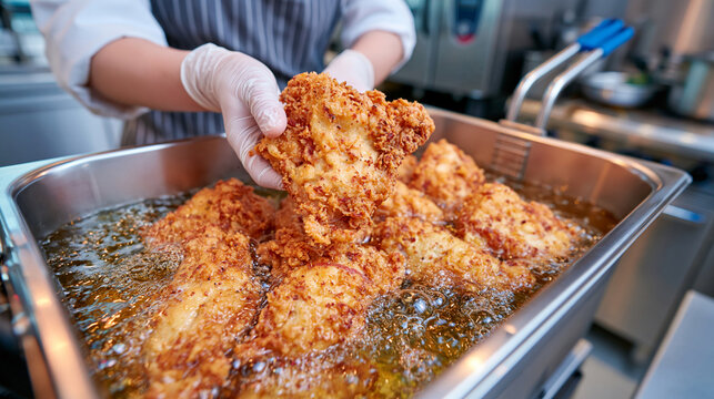 Female chef carefully placing breaded chicken pieces into a commercial deep fryer, hot oil bubbling around the chicken, professional restaurant kitchen with stainless steel appliances, clean uniform