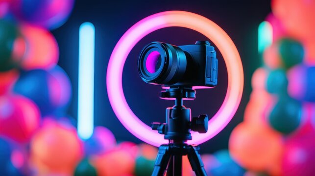 live streaming camera setup with ring light in a dark room featuring neon glow and festive balloons for a cinematic broadcast vibe