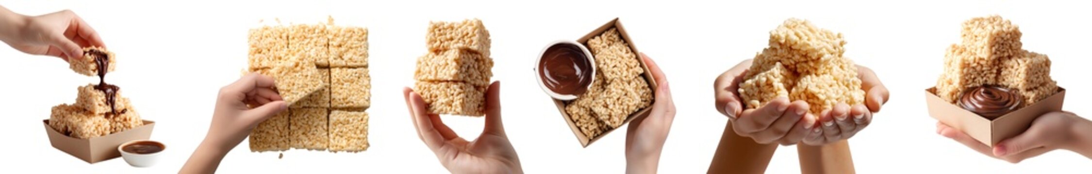 Set of hand holding rice crispy cereal treats, cube bars snack grains, pile group stack bitten broken, takeout brown box with chocolate dip, transparent cutout PNG. Many style Mockup