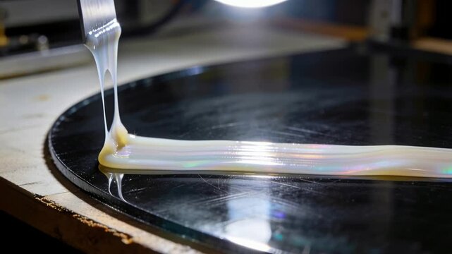 Lifting operator pushing metal spatula under iridescent ribbon on black disc, forming layered strip