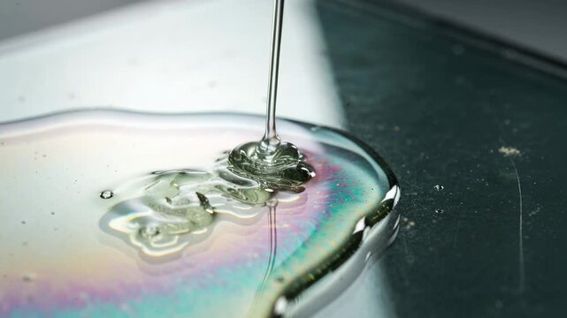 Lowering narrow nozzle depositing thick clear liquid onto plate, forming rosette mound