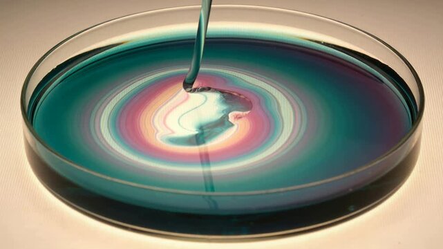 Pouring thin teal stream forming and warping ringed pattern in petri dish causing distortion