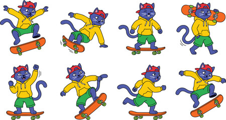 Cool Cartoon Skater Cat Character Vector Set with Cute Blue Kitten Riding Skateboard in Different Action Poses for Kids T-Shirts and Stickers © MdAshik
