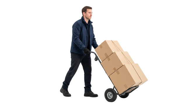 Delivery man pushing hand truck with cardboard boxes