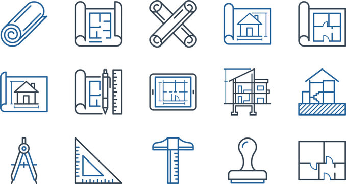 Architectural Blueprint and House Floor Plan Icon Set with Ruler Compass Digital Tablet T-Square and Engineering Design Symbols for Construction App Vector Designs