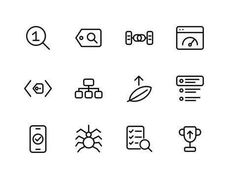 SEO Optimization Line Icons Set with Search Rank and Backlink Chain