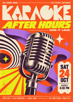 Karaoke night music event flyer template with vintage microphone