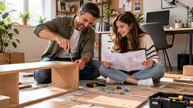 Father and daughter assembling wooden furniture together at home while sitting on the floor and following instruction manual steps to build a new desk in their bright living room workspace.