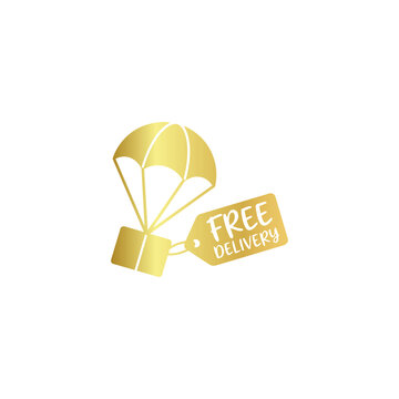 Golden parachute delivery box icon with free delivery label vector illustration isolated on white background