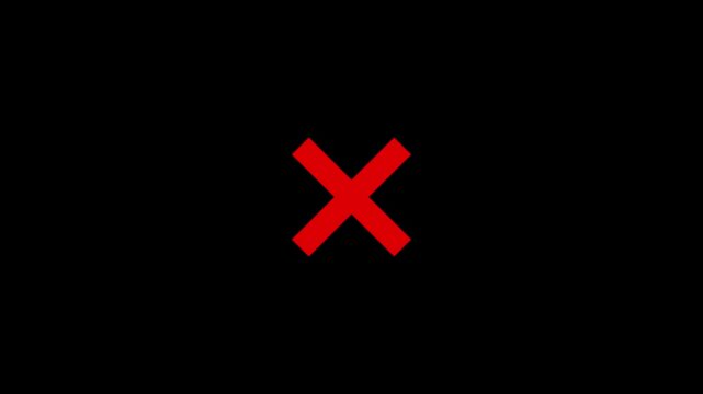 Animated red cross mark icon on black background. Red x mark incorrect animation for error, cancel, declined, attention, rejected, no, not accepted, wrong, stop and negative symbol concepts